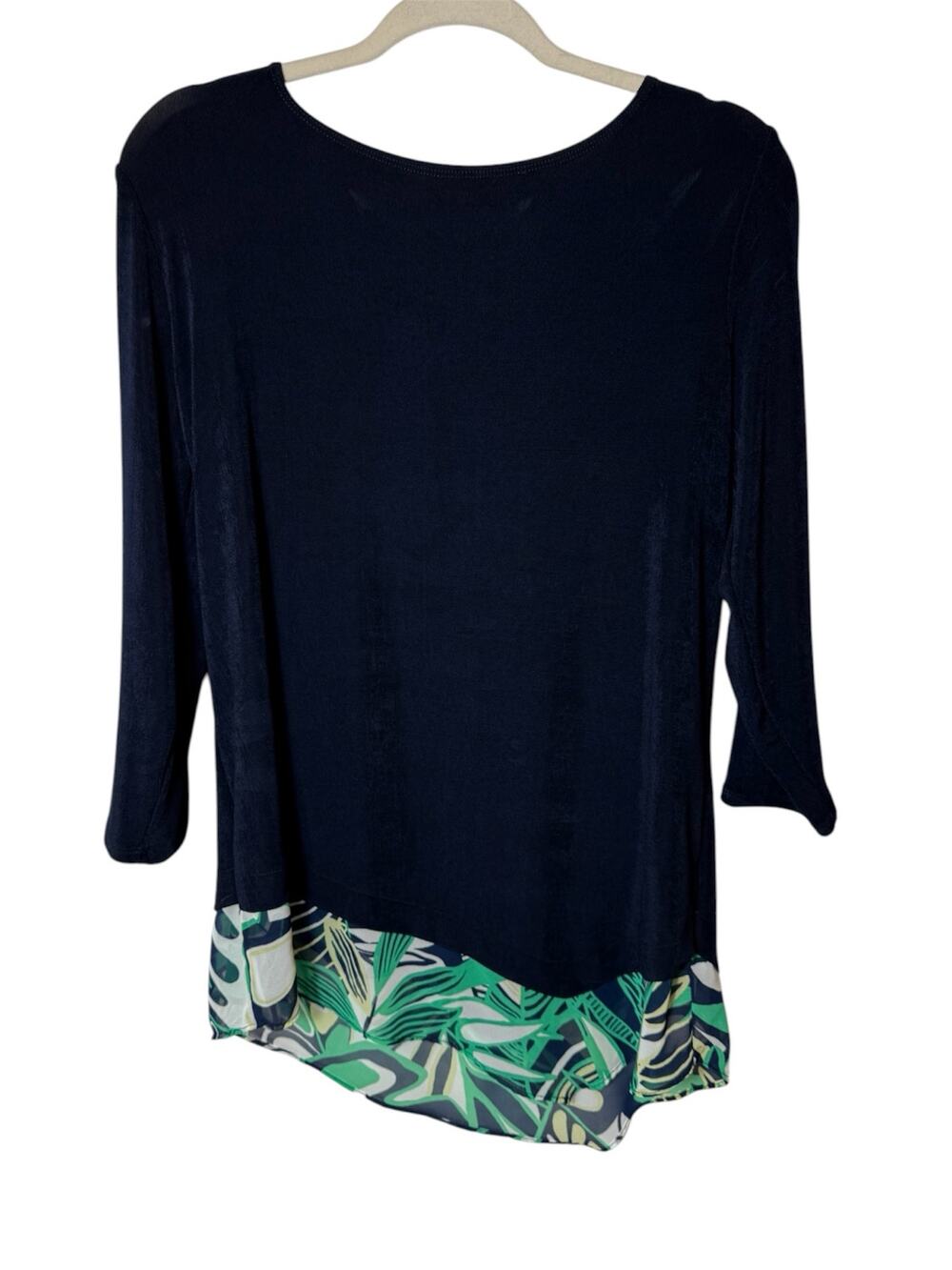 Chicos Travelers Sz M Navy Blue Asymmetrical Layered Look Travel Tunic Sheer Hem